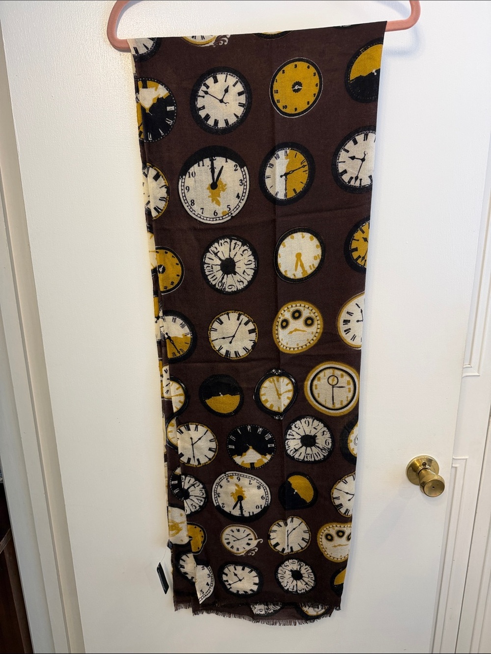 MIR Brown Scarf or Table Cover w/Yellow & White Clock Print/80”long by 28”wide